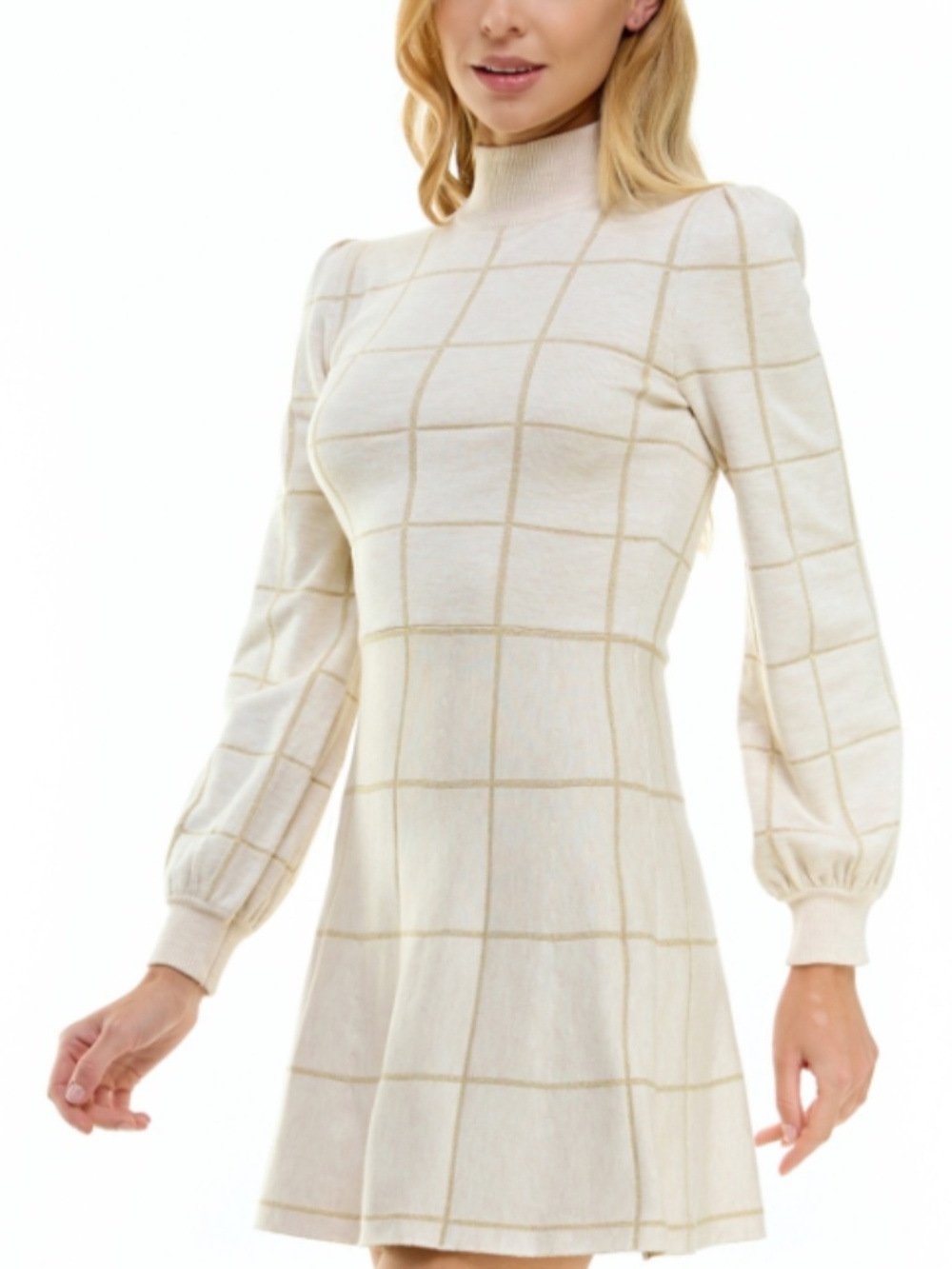 Crystal Doll Juniors' XL  Metallic Windowpane Print Turtleneck Sweater Dress